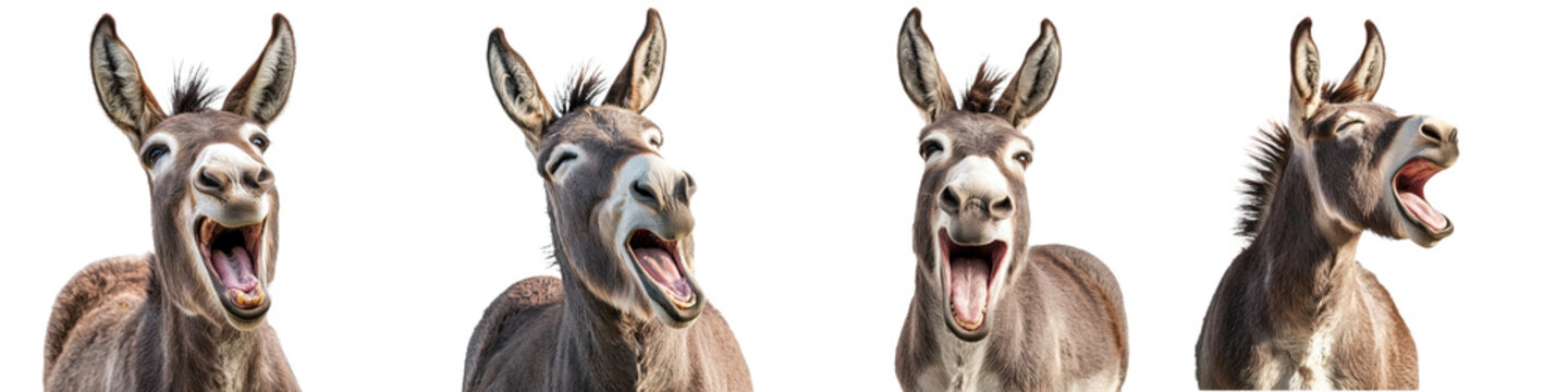 Four playful donkeys expressing joy in a bright and cheerful setting