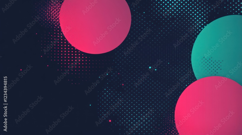 Poster pink and blue circles float over a dark background with a dot pattern, ideal for abstract design