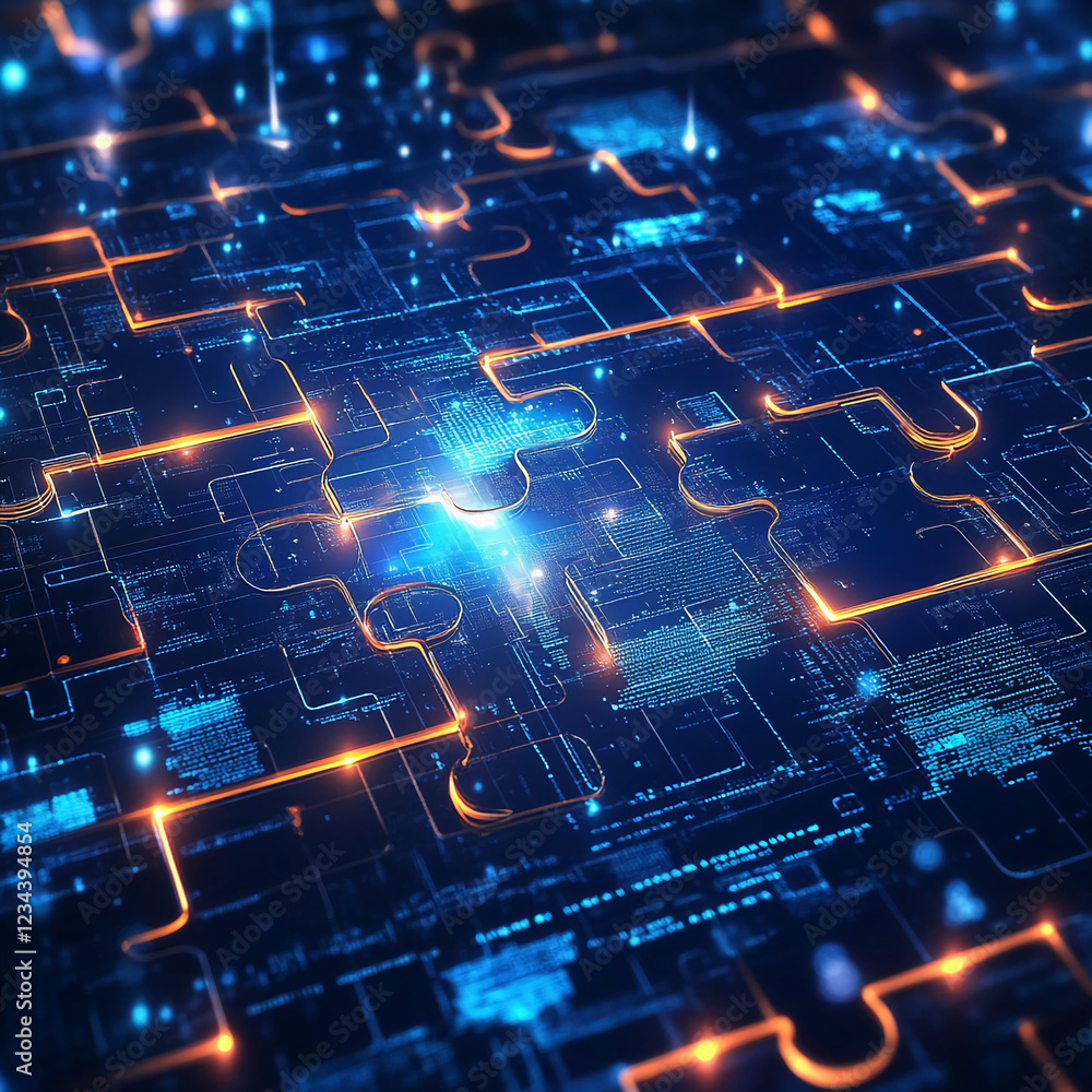 Aufkleber Digital puzzle pieces interconnected with glowing orange and blue lines, symbolizing advanced technology, data networks, and problem-solving in a futuristic grid environment