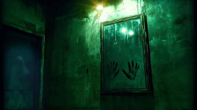 Haunted mirror with eerie handprints in a dark room concept. Seamless looping time-lapse animation video background  
