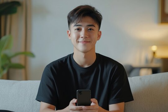 Asian young influencer talk to camera and  review new product. filming video by use mobile phone at home