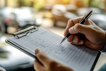 Auto check up and car service shop concept. Mechanic writing job checklist to clipboard to estimate repair quotation to client at workshop garage