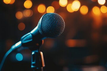 Obraz premium Close-up microphone on the table in podcasting record