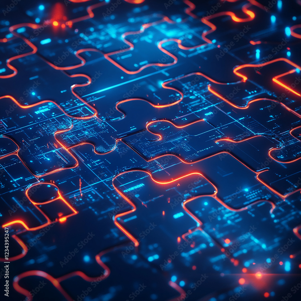 Poster Glowing red and blue puzzle pieces interconnected with digital lines, representing technology integration, data systems, and problem-solving in a futuristic and innovative setting