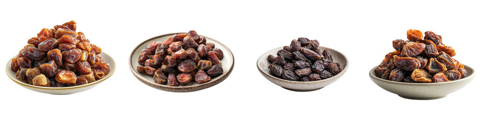 Dried fruit varieties displayed in bowls with natural colors on white background