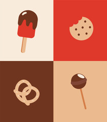 Sweet dessert icons – ice cream, cookie, pretzel, and candy in flat design
