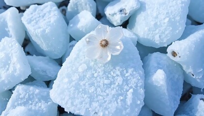 Delicate white flower rests on light blue icy rocks
