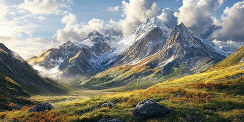 Majestic mountains with lush greenery under a dramatic sky with clouds.