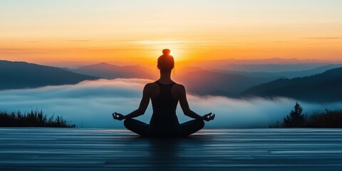 Serene moment of meditation at sunrise with beautiful mountain backdrop and fog.