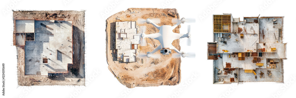 Poster Construction site overview showing different stages of building development with drone aerial view
