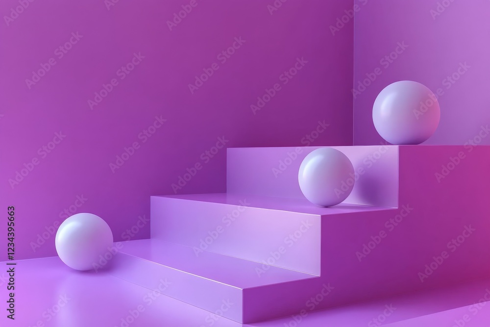 Poster Colorful purple staircase with three spherical objects creating a modern artistic display