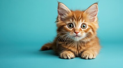 A cute orange kitten with large eyes lying on a turquoise background.