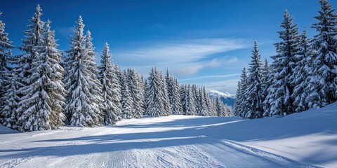 Fototapeta premium Snow-covered mountains and pine trees under a clear blue sky during winter.
