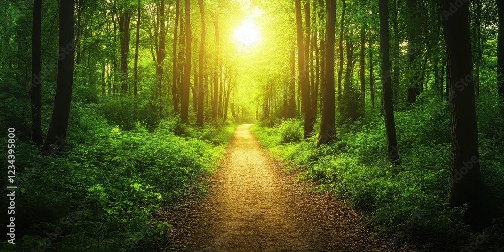 Poster sunlight filtering through a lush forest path, inviting exploration and tranquility.