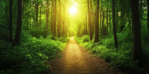 Obraz premium Sunlight filtering through a lush forest path, inviting exploration and tranquility.