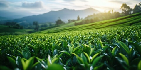 Vibrant green tea leaves in a serene mountainous landscape during sunset.
