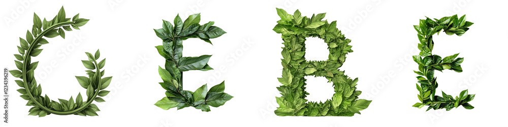 Poster green leaves arranged to form letters g e b e against a white background showing nature's elements i