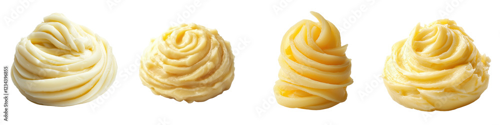 Poster creamy butter displayed in various swirled shapes on a clean surface under bright lighting
