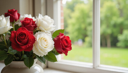 Red and white roses bouquet in vase with a serene outdoor background 