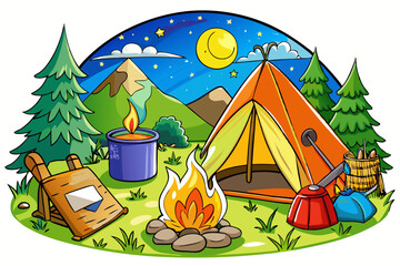 Campfire, camping hiking tents forest nature scenery, river or lake, mountains on background.