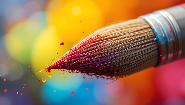 Close-up view of a paintbrush with vibrant colors dripping, showcasing the artistic process and texture details of the bristles and paint.