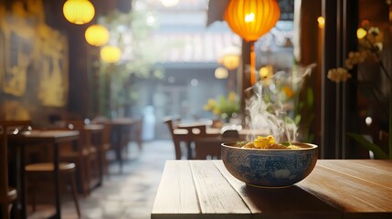 An Inviting Pho Restaurant Interior with Cozy Dining Spaces and Intricate Decor Perfect for Enjoying Traditional Vietnamese Cuisine