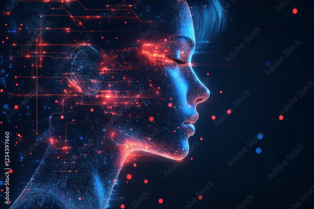Aufkleber modern digital portrait of a futuristic woman with glowing cybernetic elements in a dark background