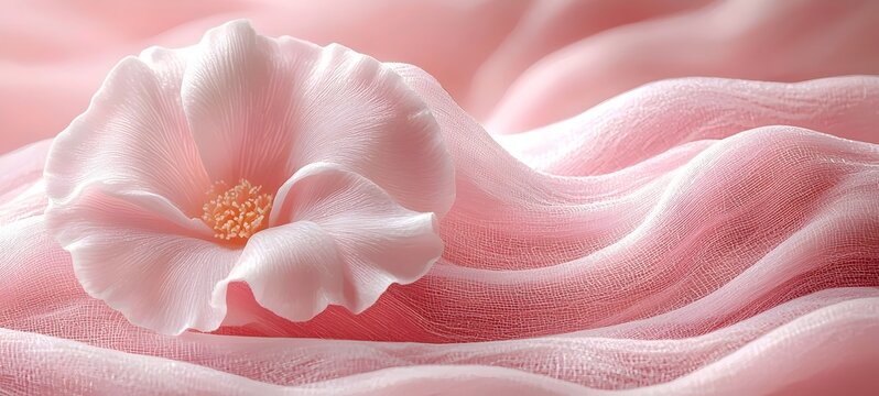 A delicate pink flower rests elegantly on a soft, flowing fabric, creating a serene and romantic atmosphere. The gentle hues and textures evoke feelings of calm and beauty.
