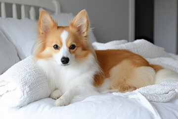Delightful dog portrait on soft bedding