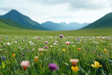 Obraz premium Wildflowers blooming in a vibrant meadow under a clear blue sky, showcasing nature's colorful beauty.