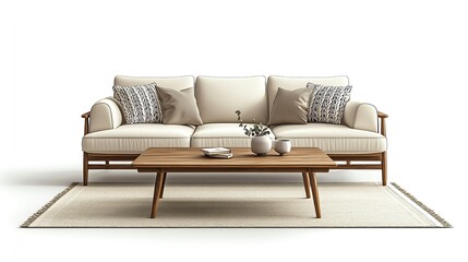 "Flat Art Illustration of a Cozy Bedroom with Bed and Nightstands" Stylish living room with modern sofa and decor.
