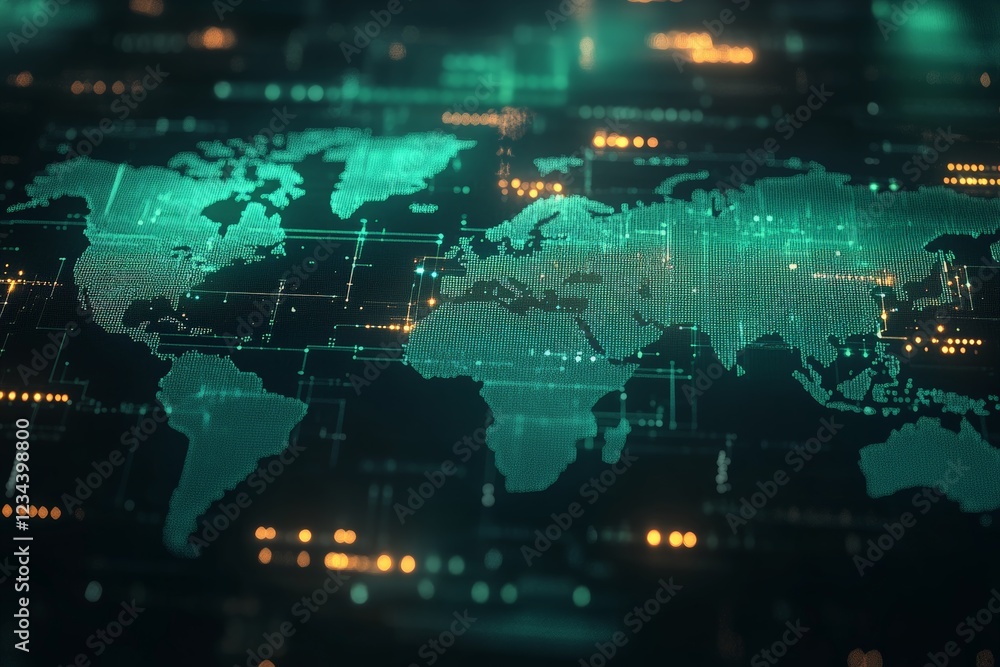 Aufkleber Global digital world map with glowing connections and data patterns in a dark background