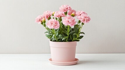 Fresh pink carnations elegantly arranged in a charming pastel pot, adding a touch of spring to any decor.