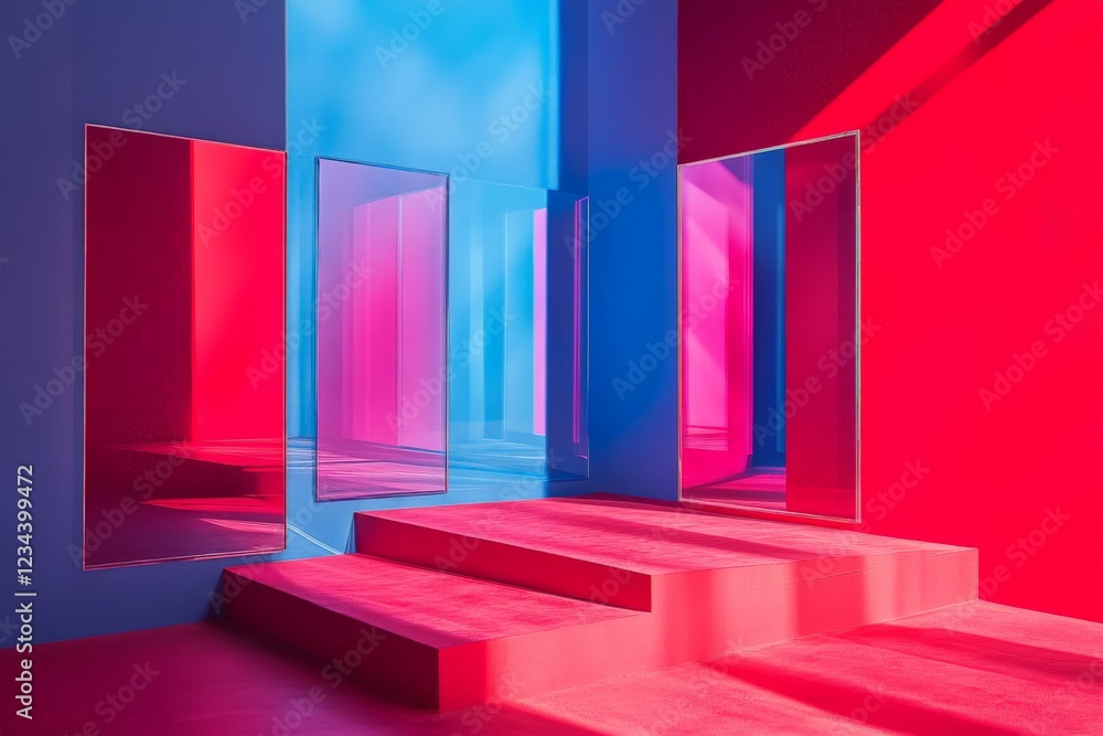 Poster Vibrant abstract space with colorful mirrors and striking shadows creating a modern visual experience