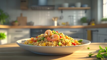 A Colorful and Aromatic Plate of Fried Rice with Vegetables and Shrimp, Perfectly Garnished and Ready to Serve