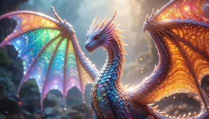 Fototapeta premium Majestic iridescent dragon with rainbow wings, fantasy art, magical creature, mythical beast, detailed scales, vibrant colors, digital painting, artwork