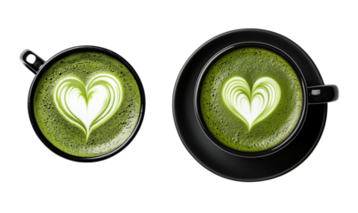 Two Matcha Latte Cups with Heart Design Top View, Transparent Background, Ai Generative Images