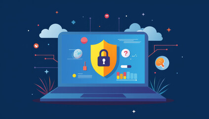 Naklejka premium Illustration of digital security and data protection in blue-gold gradient with network icons