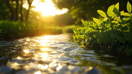 Fototapeta premium Golden Sunlight on a Flowing Stream