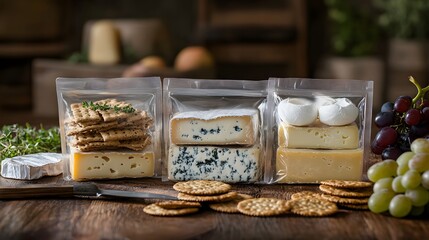 Gourmet Presentation of Mozzarella, Bursita, and Stracciatella Cheese in Transparent Plastic Packaging on a Rustic Wooden Table