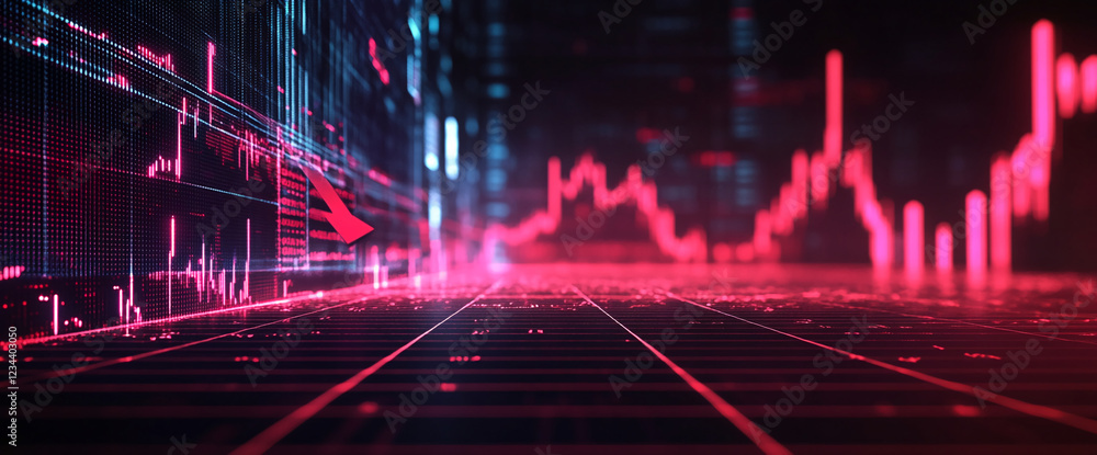 Poster red and blue digital stock market graph with declining arrow on a futuristic grid background, symbol