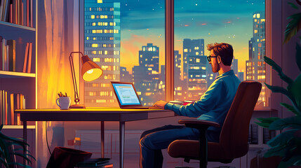 Fototapeta premium Digital illustration of a middle-aged man studying remotely at a desk by the window