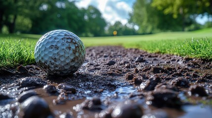 Close-up of a golf ball near muddy terrain on a golf course, highlighting the challenges golfers face in adverse conditions.