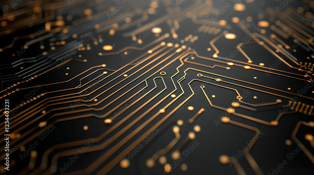 Poster close-up of a circuit board with intricate patterns and glowing elements, copy space