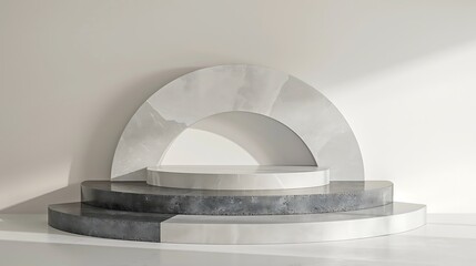 A minimalist mosaic podium with a simple, monochromatic design in shades of grey and white, set against a clean white background