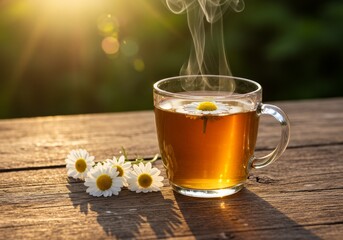 A steaming cup of herbal tea on a wooden table with chamomile flowers