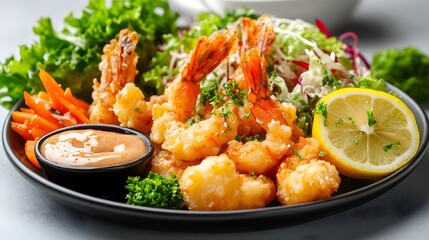 Exquisite Presentation of Tempura: A Culinary Masterpiece Displaying Shrimp and Vegetables with Dipping Sauce