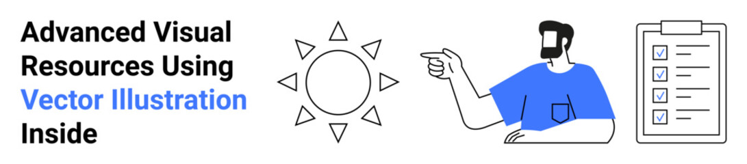 Man gesturing toward a sun symbol alongside a checklist. Ideal for productivity, creativity, planning, decision-making, personal growth, task management, flat landing page banner