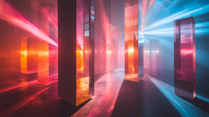 A physics laboratory showcasing a laser experiment, with beams of light refracting through prisms, creating a stunning visual effect, during a quantum mechanics study