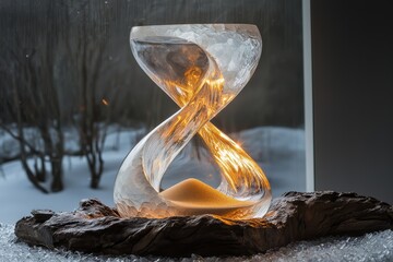 Elegant glass hourglass with glowing sand on rustic driftwood.